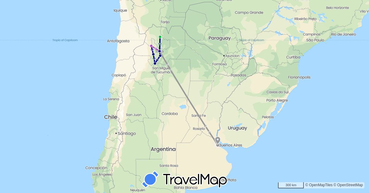 TravelMap itinerary: driving, bus, plane, train in Argentina (South America)